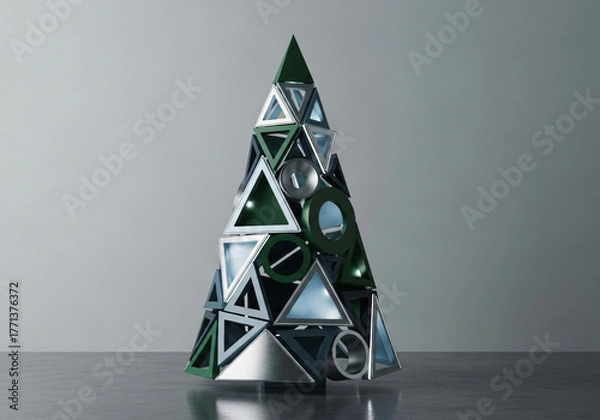 Obraz Modern Christmas tree decoration with abstract geometric shapes in green, a contemporary design concept for the holiday season.