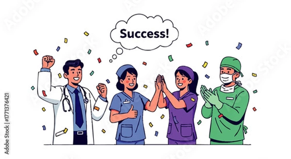 Fototapeta Cartoon illustration of medical professionals celebrating success with confetti and a speech bubble on a white background.