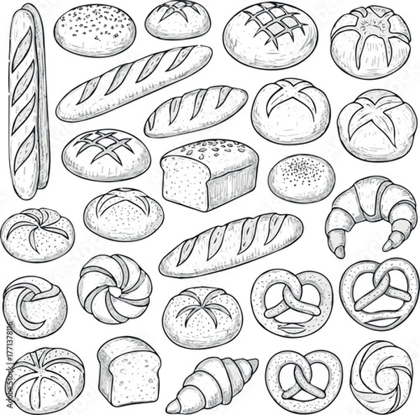 Fototapeta Make a kind of Hand drawn bakery and pastry set. Vector collections of bread, buns, croissant and other types of baked food. Sketch doodle style ink illustration.