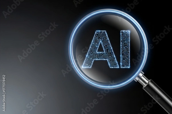 Fototapeta Magnifying glass zooming on glowing AI letters representing artificial intelligence, innovation, automation, and future technology