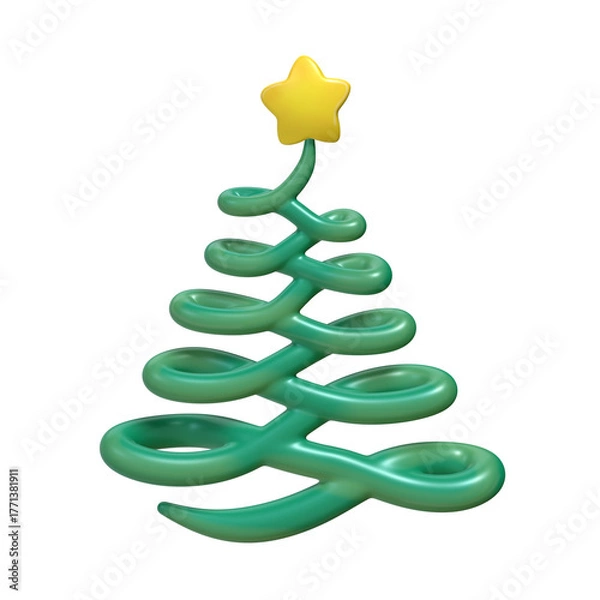 Obraz A 3D stylized swirling green Christmas tree with a thin, looping body topped with a yellow star.