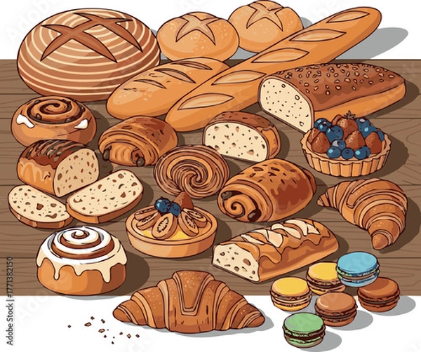 Fototapeta Make Various bakery and pastry set. Collections of bread, buns, croissant and other types of bakery products on white Background.