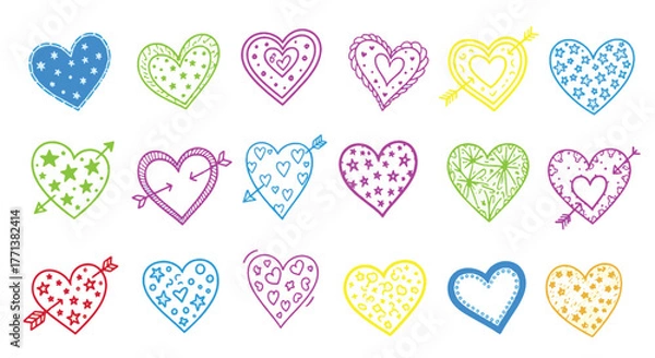Fototapeta Vibrant Collection of Unique Hand-Drawn Heart Illustrations, Featuring Diverse Patterns and Colorful Designs for Love Concepts