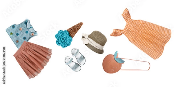 Fototapeta dynamic overhead photograph of children's warm-toned summer apparel, including dresses, a skirt, tank top, sun hats, and playful accessories, isolated on black.