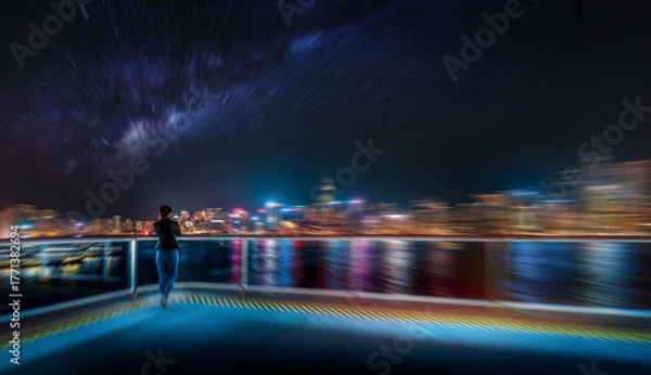 Fototapeta Hong Kong's night scene, captured with a radial blur, creates an abstract vision. The individual gazes towards the blurred city lights, over the harbor. The stars in the sky enhance the night's scene.