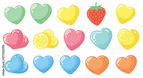 Obraz Charming collection of vibrant, glossy heart-shaped candies and fruit jellies, a delightful vector illustration for sweet concepts