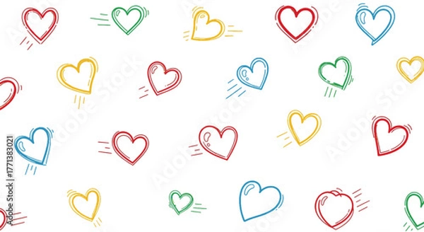 Obraz Vibrant collection of hand-drawn heart illustrations creating a cheerful and affectionate pattern design on white background