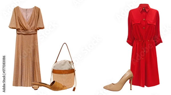 Fototapeta photograph of two complete stylish women's summer outfits, featuring a shimmering bronze pleated midi dress and a vibrant red collared shirt dress with coordinating accessories.