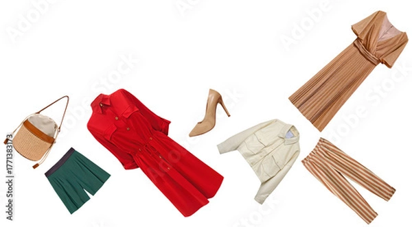 Fototapeta dynamic flat lay photograph of scattered women's clothing and accessories, featuring a red dress, bronze pleated dress, striped pants, jacket, shorts, heels, and a straw bag, isolated on black.