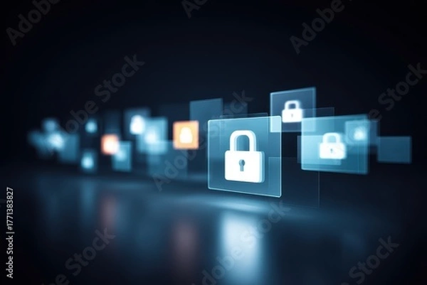Fototapeta Futuristic control screen showing Monitoring of firewall layers, audit protocols, compliance metrics, DataFlow analysis, and predictive condition for secured database systems