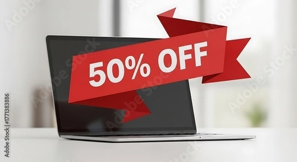Obraz A laptop displays a red ribbon with "50% OFF" text, symbolizing a discount or sale event.