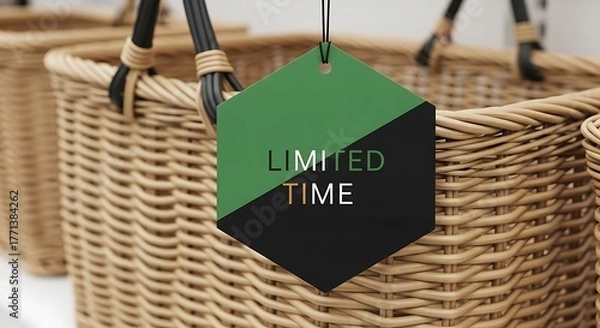 Obraz A hexagonal tag reading "LIMITED TIME" hangs in front of woven baskets, suggesting a special offer or sale.