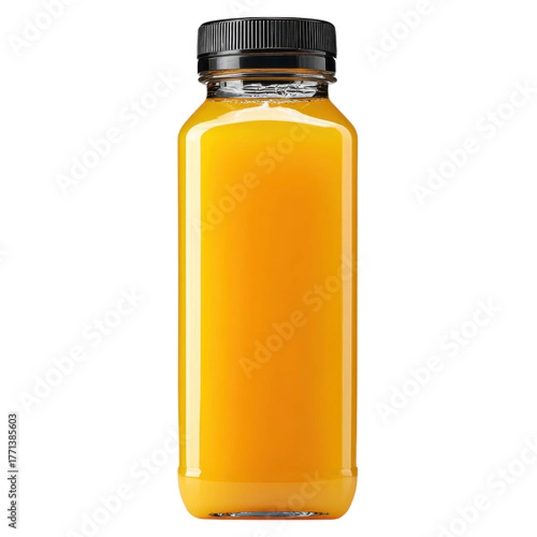 Fototapeta Bright orange juice stands in a clear bottle, showcasing its vibrant color and thirst-quenching appeal