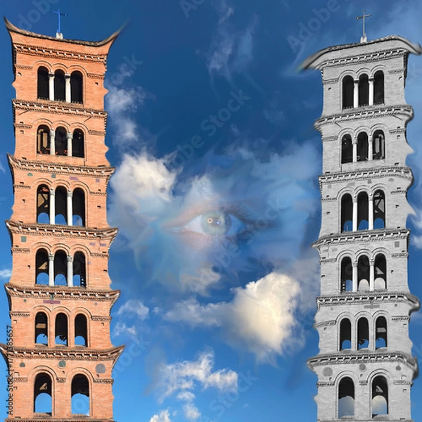 Fototapeta Magical surreal vision between two ancient towers and a cosmic eye in the sky, symbolizing mystery, duality and dreamlike transformation