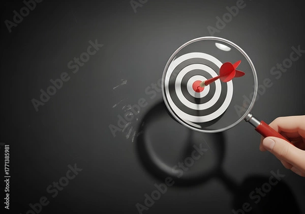 Fototapeta Target symbol under magnifying glass on black background, concept of goal focus, precision, marketing strategy, business success, achievement
