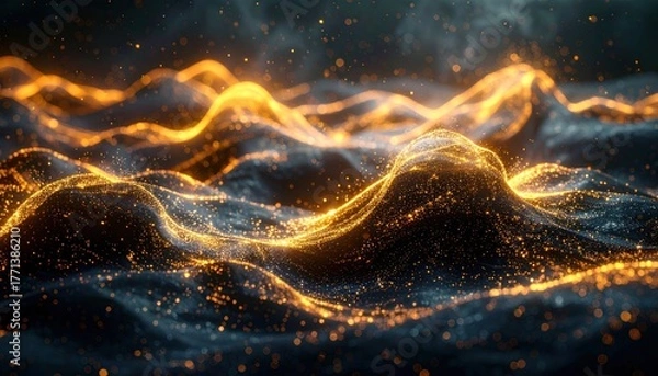 Fototapeta Glowing golden energy waves over a dark, textured surface, with particles