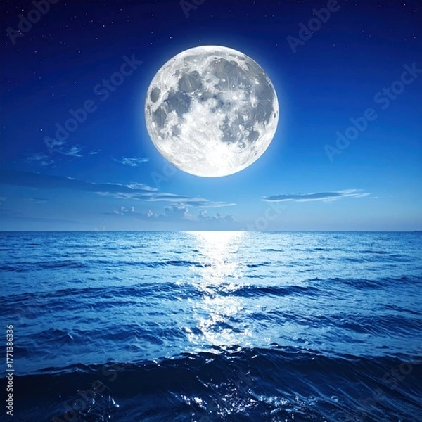 Fototapeta Illuminated full moon over a tranquil ocean at nighttime