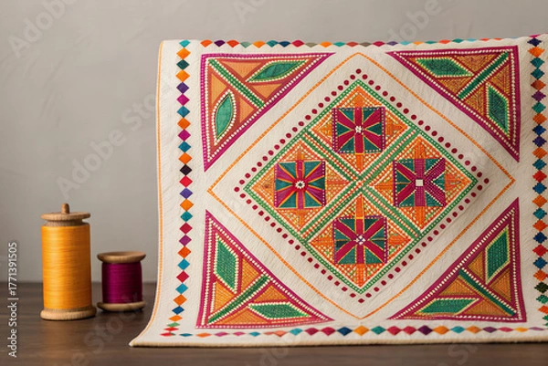 Obraz Geometric Kantha – Handcrafted Bengali Embroidery Quilt with Modern Patterns and Traditional Craft
