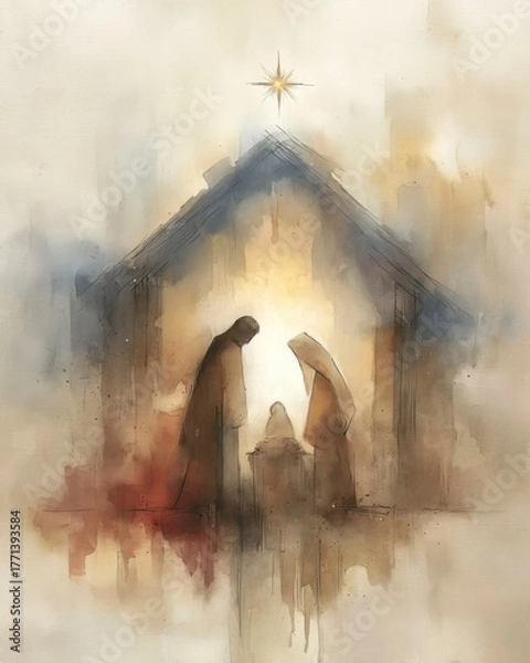 Obraz Minimalist Ink Nativity with Glowing Star.