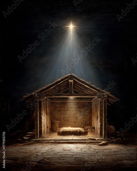 Obraz Sacred Empty Stable Illuminated by Manger Glow.