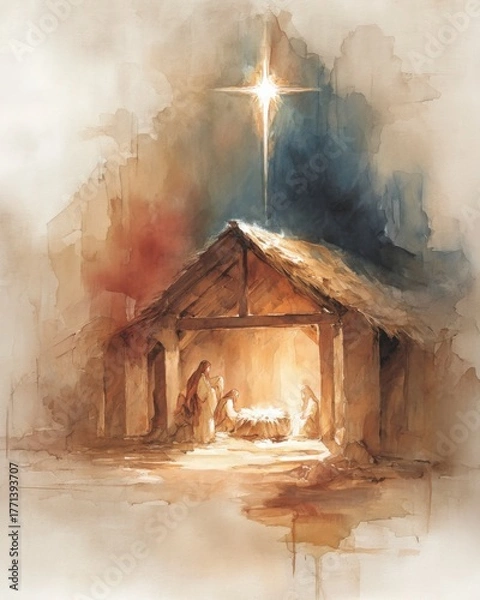 Obraz Baroque Chiaroscuro Nativity Scene with Divine Star.