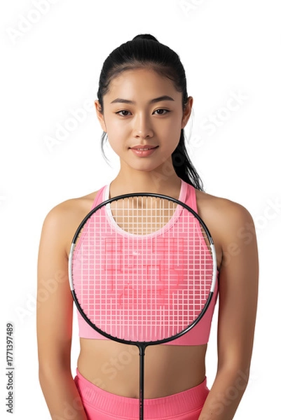 Fototapeta Badminton player portrait holding racket professional athlete female sport on transparent background