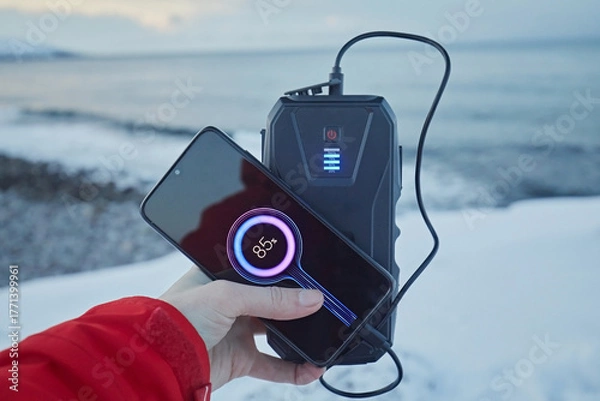 Fototapeta Charging a smartphone from a power bank against the backdrop of the sea and snow in winter