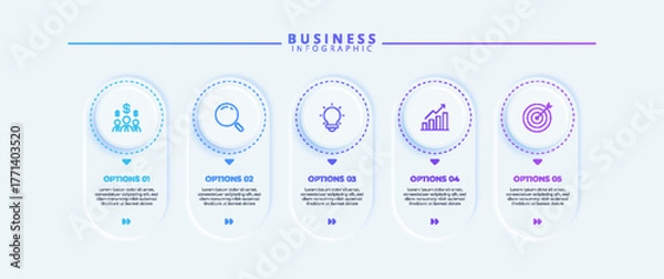 Fototapeta Infographic design with five steps and icons, tailored for business use. Suitable for presentations, banners, workflows, process diagrams, flowcharts, and data visualization.