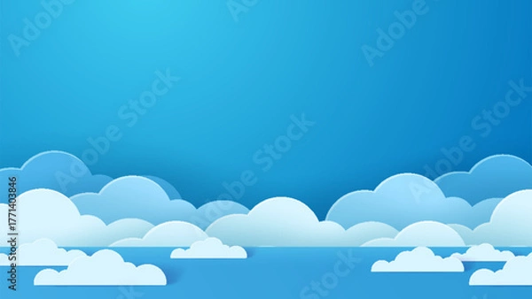 Fototapeta Beautiful fluffy clouds against a blue sky background. Paper cut style. Space for text. Banner header for a summer day.