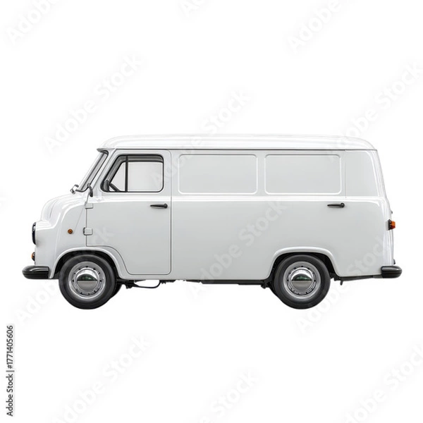 Obraz A vintage white cargo van is parked on a city street during the day, showcasing its classic design and clean exterior