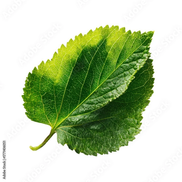 Obraz Close-up view of a vibrant green leaf displaying clear veins and textures against a plain white background
