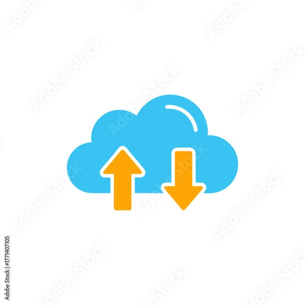 Fototapeta Blue cloud with orange arrows representing data upload and download in a clean, modern style, symbolizing cloud computing and data transfer.