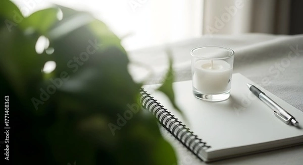 Fototapeta Notebook with glass of yogurt and pen near plant
