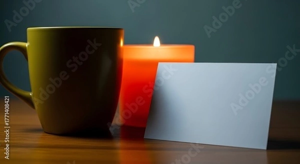 Fototapeta Yellow mug with lit candle and blank card on wooden table