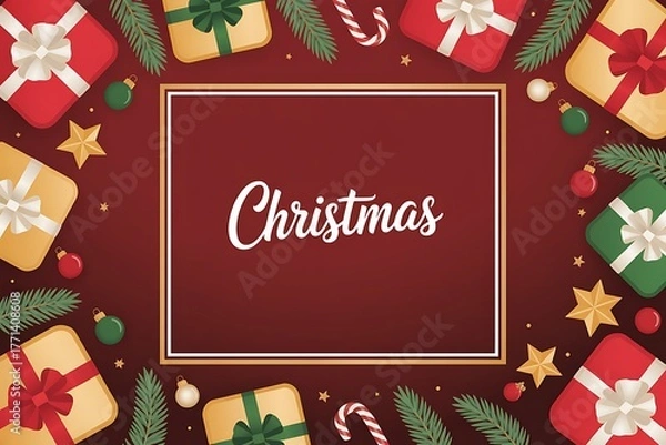 Obraz A festive Christmas background features gift boxes, pine branches, and candy canes arranged around a central frame.