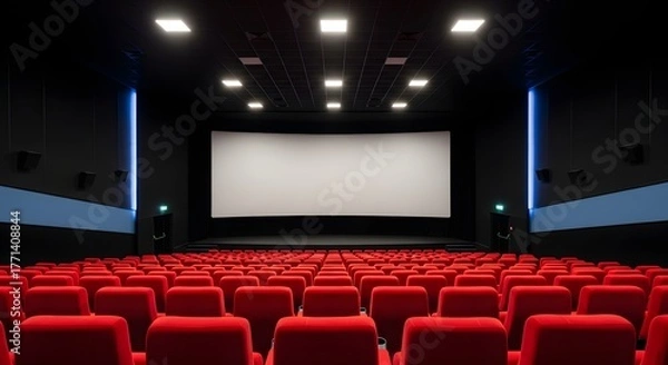 Fototapeta Empty cinema hall with red seats and large screen