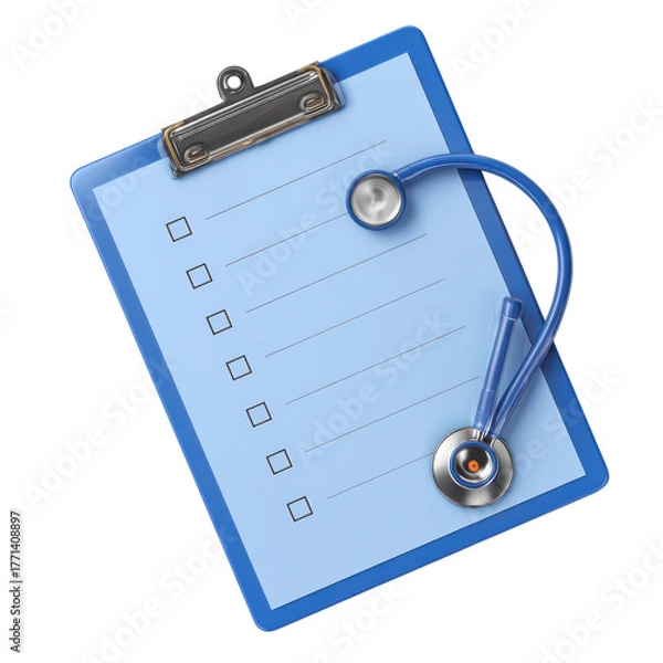 Obraz A clipboard with a checklist and a stethoscope placed beside it, used for medical evaluations in healthcare