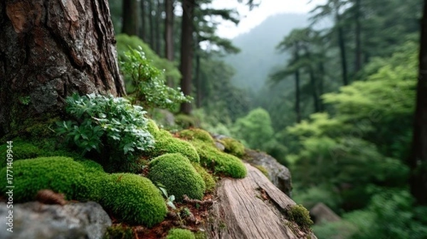 Fototapeta Close Up Of Rough Tree Bark Covered In Vibrant Green Moss And Small Plants With A Lush Forest Background On A Misty Day