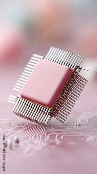 Obraz Close Up Photo of Pink Integrated Circuit Chip with Silver Heat Sinks on a Pink Circuit Board with White Lines and Soft Bokeh Background