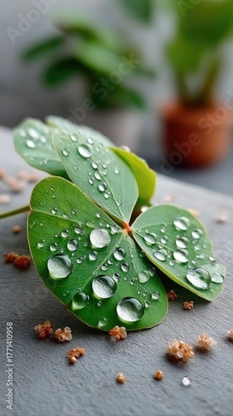 Fototapeta Close up photo of fresh green clover leaf covered in sparkling water droplets after rain on a textured dark surface with blurred green plant background and soft natural lighting