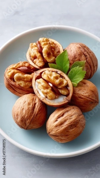 Fototapeta Close up rustic flat lay of whole and halved walnuts arranged on a light blue ceramic plate with green mint leaves accenting the warm brown nuts on a textured grey background