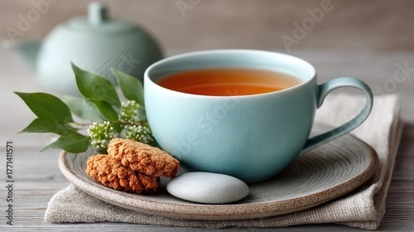 Fototapeta Close up studio photo of a light blue ceramic cup filled with amber tea accompanied by two cookies and green leaves on a textured plate with a blurred teapot in the background