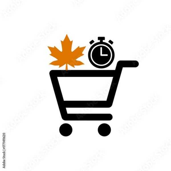 Fototapeta Shopping cart with autumn leaf and flash sale timer icon  