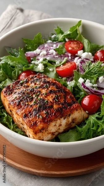 Fototapeta Close Up Studio Photo of a White Bowl Filled with Fresh Green Salad Topped with a Generous Piece of Glazed Salmon Cherry Tomatoes and Crumbled Feta Cheese against a Neutral Gray Background