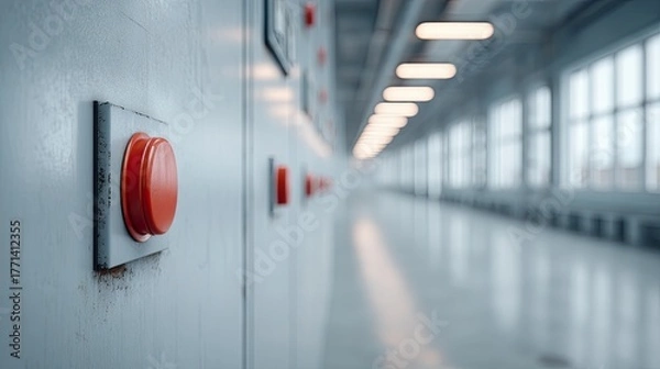 Fototapeta Close Up View Of Red Emergency Buttons On A Control Panel In A Factory Corridor With Industrial Lighting