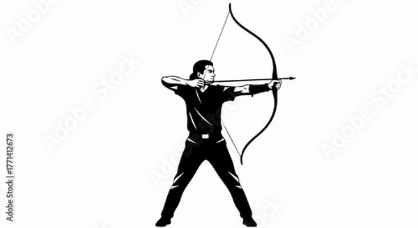 Fototapeta Archery Athlete Aiming with Traditional Bow. Full Body Stance and Precise Focus on Target. Sports Training, Discipline, and Concentration Concept. Vector Digital Illustration