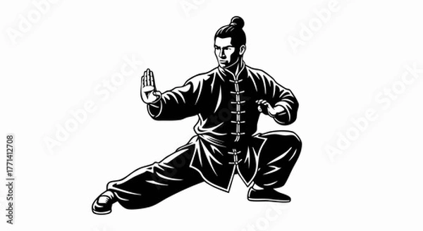 Fototapeta Kung Fu Master Training Pose. Traditional Chinese Martial Arts Stance with Focus and Control. Strength, Discipline, and Balance Concept. Vector Digital Illustration