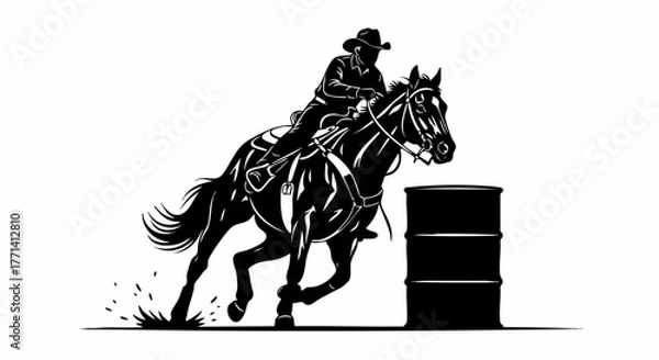 Fototapeta Barrel Racing Horse and Rider. Cowboy/Cowgirl Making a Sharp Turn Around the Drum with Dynamic Motion. Western Rodeo Sports Action on White Background. Equestrian Speed and Control Concept. Vector Dig
