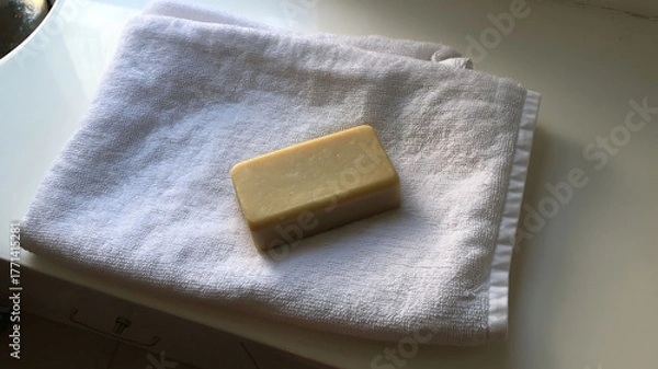 Obraz Folded Bath Towel with Soap Bar