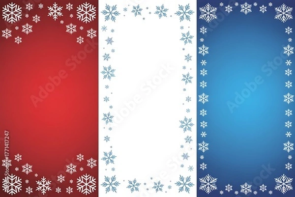Fototapeta Three vertical rectangular frames decorated with snowflakes in red, white, and blue.